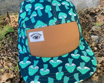 Handmade 5 Panel Camp Hat, Baseball Cap, five panel hat, Snap Back, 5panel hat, gift for her, teal green psychedelic mushroom festival hat