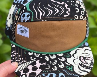 Handmade Floral Print 6-Panel Hat: Abstract Swiggle Garden Camp Cap