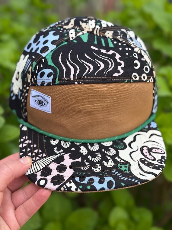Handmade Floral Print 6-Panel Hat: Abstract Swiggle Garden Camp Cap