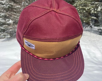 Handmade 6 Panel Hat, Triangle Front Baseball Cap, Waxed Canvas Camp Hat, Snap Back Hat, 7 Panel Burgundy Hat, gift for him, gift for her