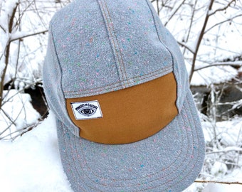 Handmade 5 Panel Camp Hat, Baseball Cap, Moldable Brim five panel hat, Snap Back, 5panel hat, gift for him, gray cosmic speckle flannel hat