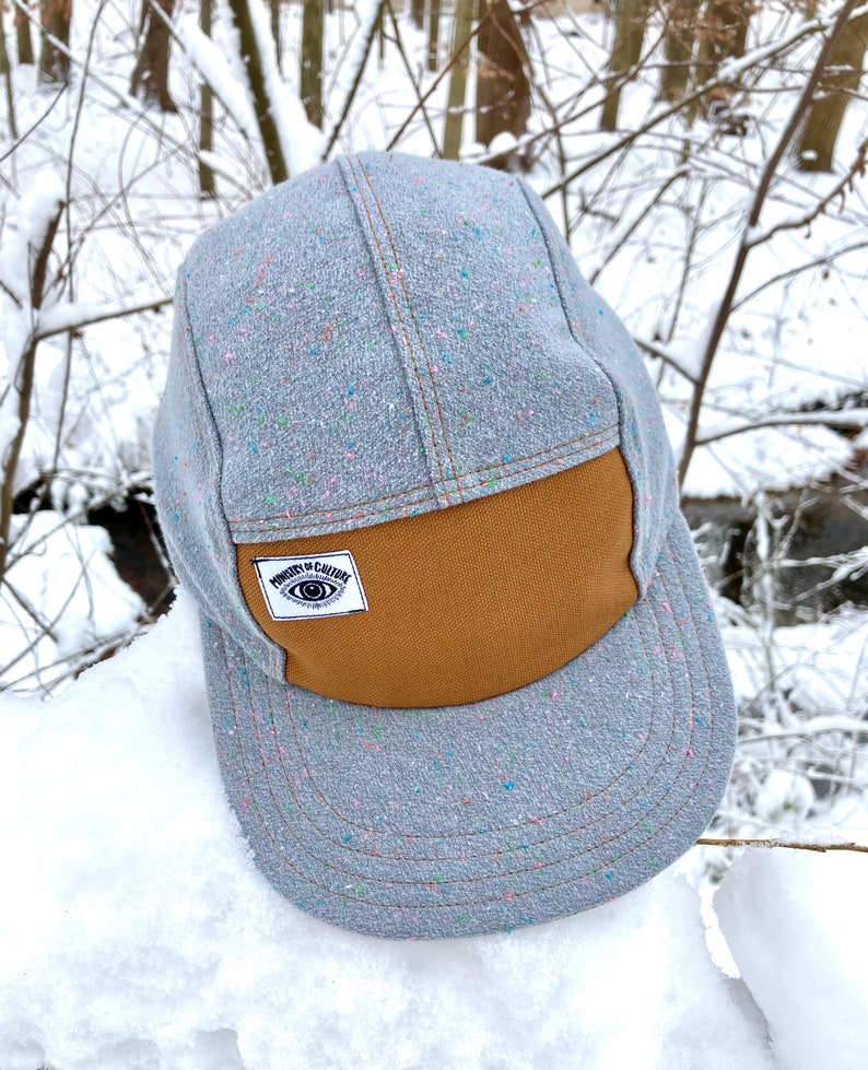 Handmade 5 Panel Camp Hat, Baseball Cap, Moldable Brim five panel hat, Snap Back, 5panel hat, gift for him, gray cosmic speckle flannel hat image 1