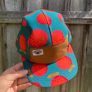 Handmade 5 Panel Camp Hat, Baseball Cap, Summer Hat, Magenta Orange Print Snap Back, Five Panel Cap, Moldable Brim, Natural Fiber Gift image 6