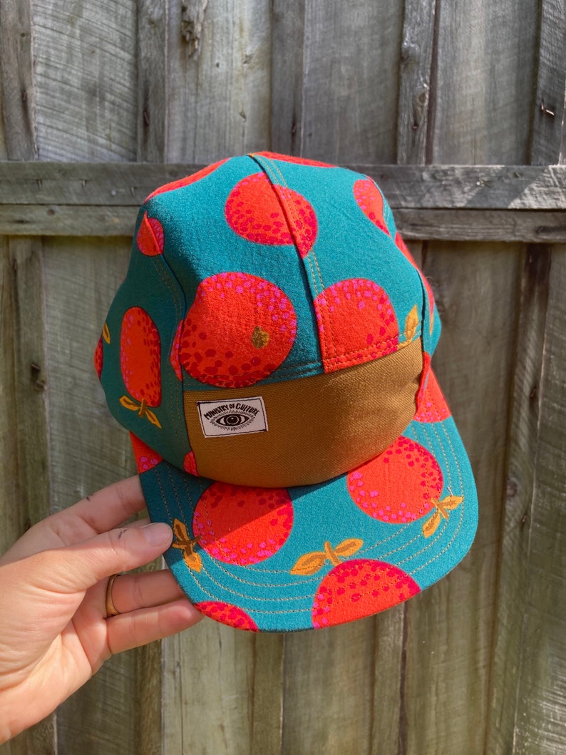 Handmade 5 Panel Camp Hat, Baseball Cap, Summer Hat, Magenta Orange Print Snap Back, Five Panel Cap, Moldable Brim, Natural Fiber Gift image 6