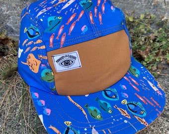 Handmade 5 Panel Camp Hat, Baseball Cap, five panel hat, Snap Back, 5panel hat, gift for him, fish school in ocean blue