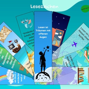 Può includere: Una collezione di segnalibri colorati con varie illustrazioni e testo. I disegni includono una mappa del tesoro, una nave pirata, un drago, una notte stellata, un aereo e un bambino che raggiunge le stelle. La parola "Lesezeichen" è in alto.