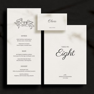 Op de afbeelding: Elegante trouwbriefpapierset met een menu, tafelnummer en naamkaartje. Het menu bevat voorgerechten, hoofdgerechten en desserts. Het tafelnummer is "Acht", en het naamkaartje zegt "Olivia". Het ontwerp is minimalistisch.