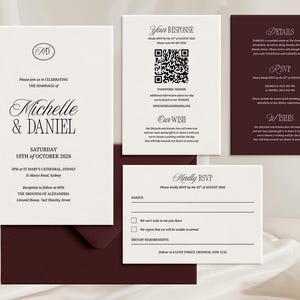 May include: Wedding stationery set with a cream invitation featuring the names "Michelle & Daniel". Includes RSVP, details, and response cards, with a burgundy envelope. The date is 10th October 2026.