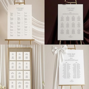 Op de afbeelding: Trouwzittingplannen op gouden ezels. De kaarten hebben een elegante typografie met gastennamen en tafelindelingen. De bovenste kaarten lezen "Your Seat Awaits" en de onderste kaarten tonen nummers.