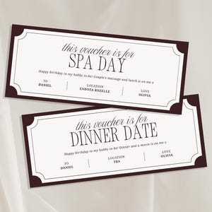Puede incluir: Dos vales de regalo con fondo crema y bordes burdeos oscuros. El vale superior dice "SPA DAY" y el vale inferior dice "DINNER DATE". Ambos vales incluyen el texto "Feliz cumpleaños a mi marido".