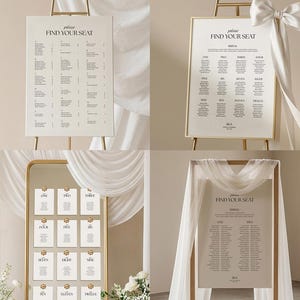 May include: Four wedding seating charts with the text "FIND YOUR SEAT" displayed on easels and a decorative mirror. The charts are in a minimalist style with elegant fonts and layouts, perfect for wedding decor.