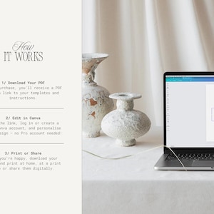 May include: A laptop displays a wedding invitation design with the text "Save the Date 10.10.26". Two decorative vases are on a white surface. Text on the left side explains how to download, edit, and print the design.