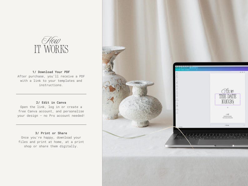May include: A laptop displays a wedding invitation design with the text "Save the Date 10.10.26". Two decorative vases are on a white surface. Text on the left side explains how to download, edit, and print the design.
