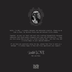 May include: A black and white graphic with text. The image features a framed portrait of a woman and a dog. The text reads "Hello, I'm Mel...With LOVE Mel and Mimi". The logo "M & M MIMI" is at the bottom.