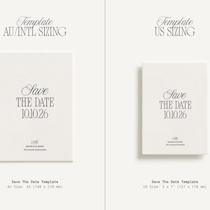 May include: Two white Save The Date templates with elegant script text. The left template is A5 size, the right is 5 x 7 inches. Both cards display the date 10.10.26 and the names Michelle & Daniel.
