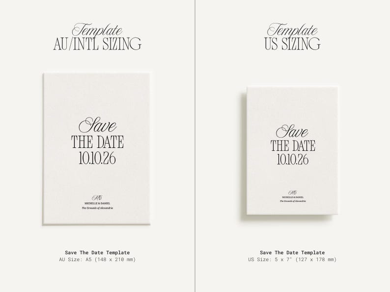 May include: Two white Save The Date templates with elegant script text. The left template is A5 size, the right is 5 x 7 inches. Both cards display the date 10.10.26 and the names Michelle & Daniel.