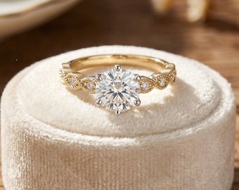 Anillo de compromiso estilo cuerda de moissanita brillante redonda con engaste vintage de oro rosa