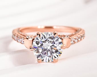 Moissanite Bow Engagement Ring: 2.0 Ct Round Cut, Gold Over Silver
