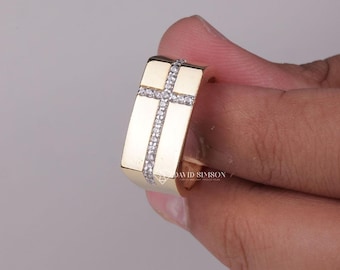 Moissanite Cross Ring for Men, 14K Gold Christian Wedding Band