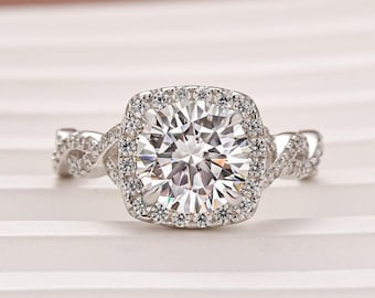 Moissanite Halo Engagement Ring: 2.0 Ct Round Cut, White Gold Twist