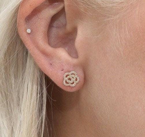 Moissanite Diamond Flower Stud Earrings, 14K Gold Finish, Floral 