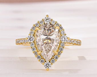 Moissanite Halo Pear Cut Ring: 10KT Gold Travel Engagement Ring