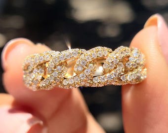 1.73 Ct Moissanite Cuban Link Ring, Rose Gold Anniversary Gift