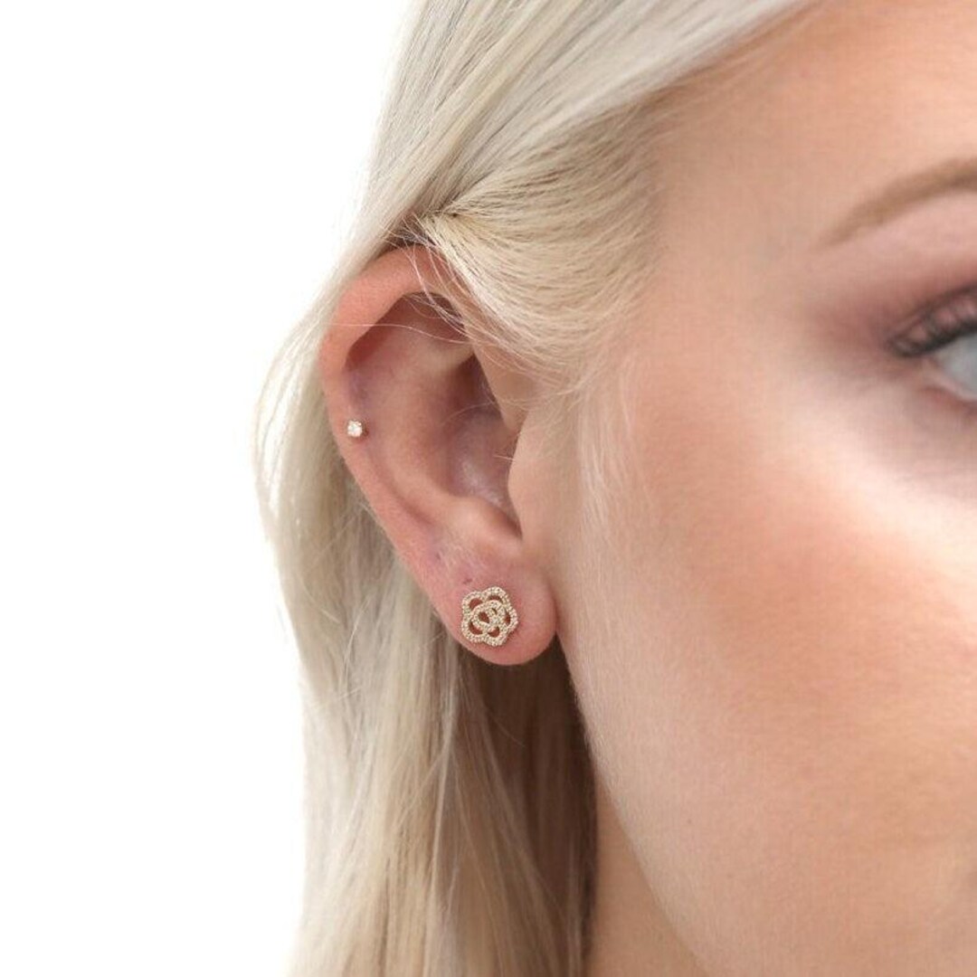 Moissanite Diamond Flower Stud Earrings, 14K Gold Finish, Floral 