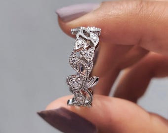 Alianza de boda de moissanita estilo vintage de 0,27 quilates: anillo de eternidad de corte redondo en plata de ley.