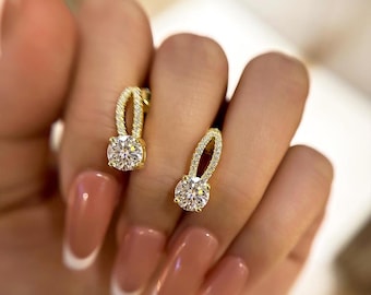 1.0 Ct Round Moissanite Stud Earrings, Pavé Halo, Gold Jewelry