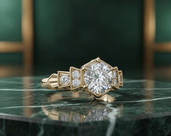 Anillo de compromiso Art Déco de moissanita • Joyería nupcial de oro de 14 quilates