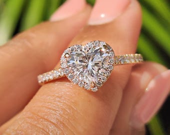 Heart Cut Moissanite Engagement Ring – Halo Pave, Gold or Sterling Silver