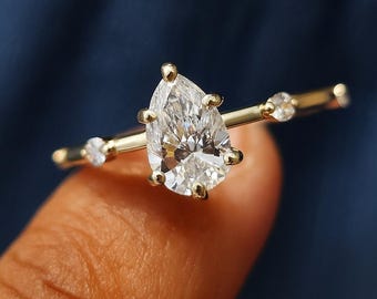Anillo de compromiso de moissanita talla pera: solitario en forma de lágrima de oro de 14 quilates