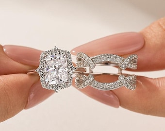 Radiant Cut Moissanite Wedding Ring Set: White Gold Enhancer Band, Sterling Silver