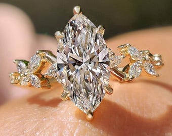 Marquise Moissanite Gold Engagement Ring | Leaf Diamond Bridal Jewelry