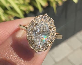 Vintage Halo Moissanite Engagement Ring: Milgrain Detail, 10-18K Gold or Silver