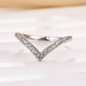 Moissanite Chevron Wedding Band: Sterling Silver Stacking Ring