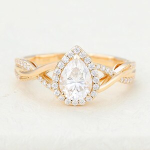 Pear Moissanite Engagement Ring: Twisted Pave Band, Halo Gold Promise Ring