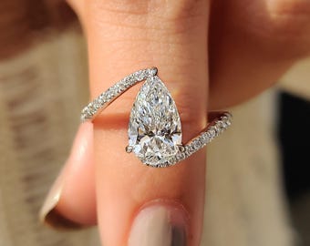 Pear Cut Moissanite Engagement Ring: Bypass Pave Setting, Sterling Silver & Gold