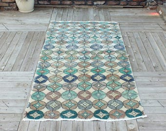 Low Pile Rug  Hand-Knotted  Wool  Rug Blue Vintage Premium Area Rug |Traditional Turkish for Living Room,Bedroom,Entryway Decor