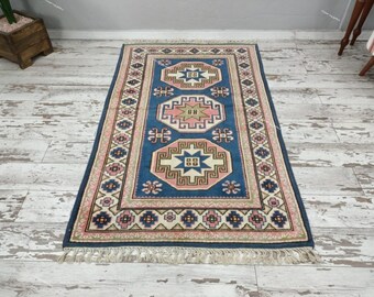 Pink Blue Rug Vintage Rug   Hand-Knotted  Wool Premium  Rug |Traditional Turkish Design |Soft Pile Living Room,Bedroom,Entryway Decor