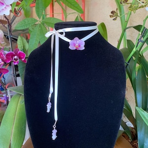 Handmade Orchid Necklace – Purple Resin Orchid with White Ribbon & Jade Beads – Wrap Choker – Fairycore Botanical Jewelry