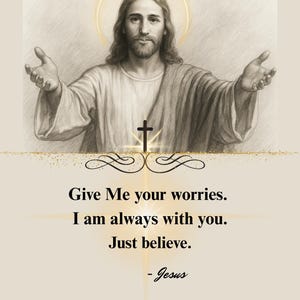 Peut inclure: Illustration sépia de Jésus avec les bras tendus, une auréole et une croix. Le texte dit : « Donne-moi tes soucis. Je suis toujours avec toi. Crois seulement. - Jésus ».