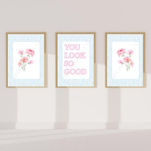 May include: Three framed art prints. Two prints feature pink floral bouquets on a white background with blue striped borders. The center print has the text "YOU LOOK SO GOOD" in pink on a white background.