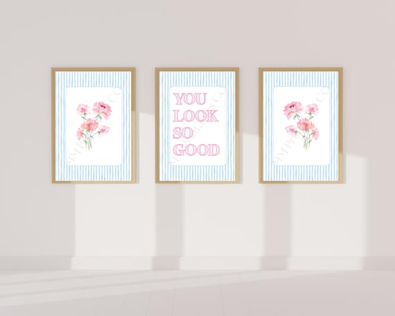 Pink Floral Wall Art Bundle | You Look So Good Quote Print Set, Blue Stripe Bathroom Decor, Girly Digital Download for Dorm or Vanity