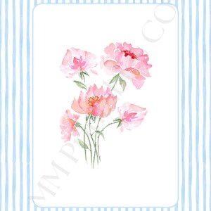May include: A watercolour painting featuring pink peonies with green stems on a white backdrop, framed by a light blue striped border. The flowers have delicate pink petals and red accents. The design is soft and floral.