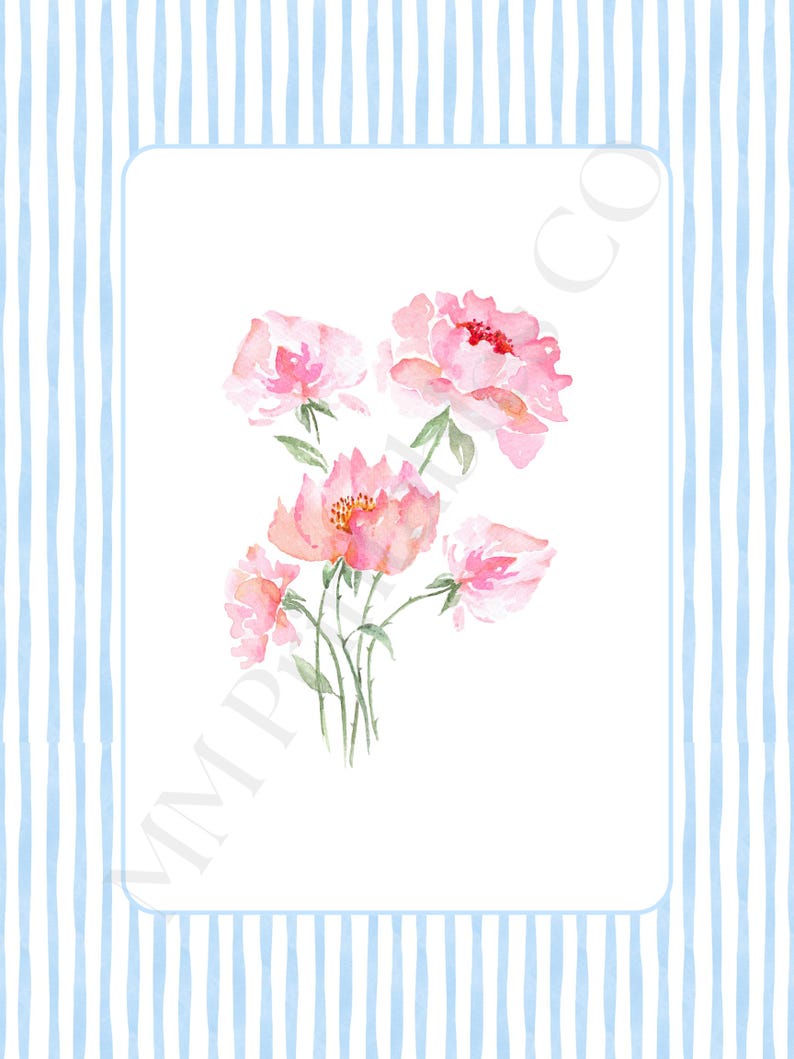 May include: A watercolour painting featuring pink peonies with green stems on a white backdrop, framed by a light blue striped border. The flowers have delicate pink petals and red accents. The design is soft and floral.