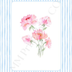 May include: A watercolour painting featuring pink peonies with green stems on a white backdrop, set against a light blue striped pattern. The flowers display multiple layers of pink petals. The design has a soft and delicate feel.