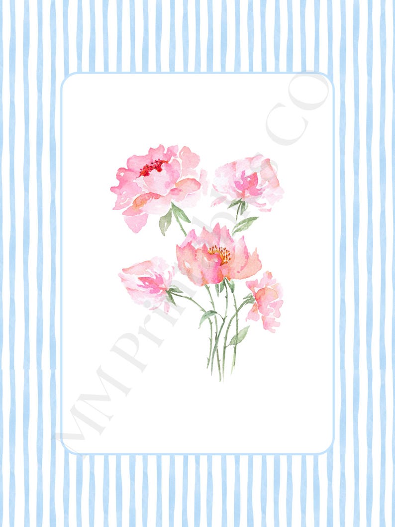 May include: A watercolour painting featuring pink peonies with green stems on a white backdrop, set against a light blue striped pattern. The flowers display multiple layers of pink petals. The design has a soft and delicate feel.