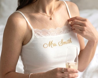 Personalized Embroidered Lace Tank Top, Custom Mrs. Spaghetti Strap Top, Bridal Shower Gift, Bachelorette Party, Bride Getting Ready Outfit